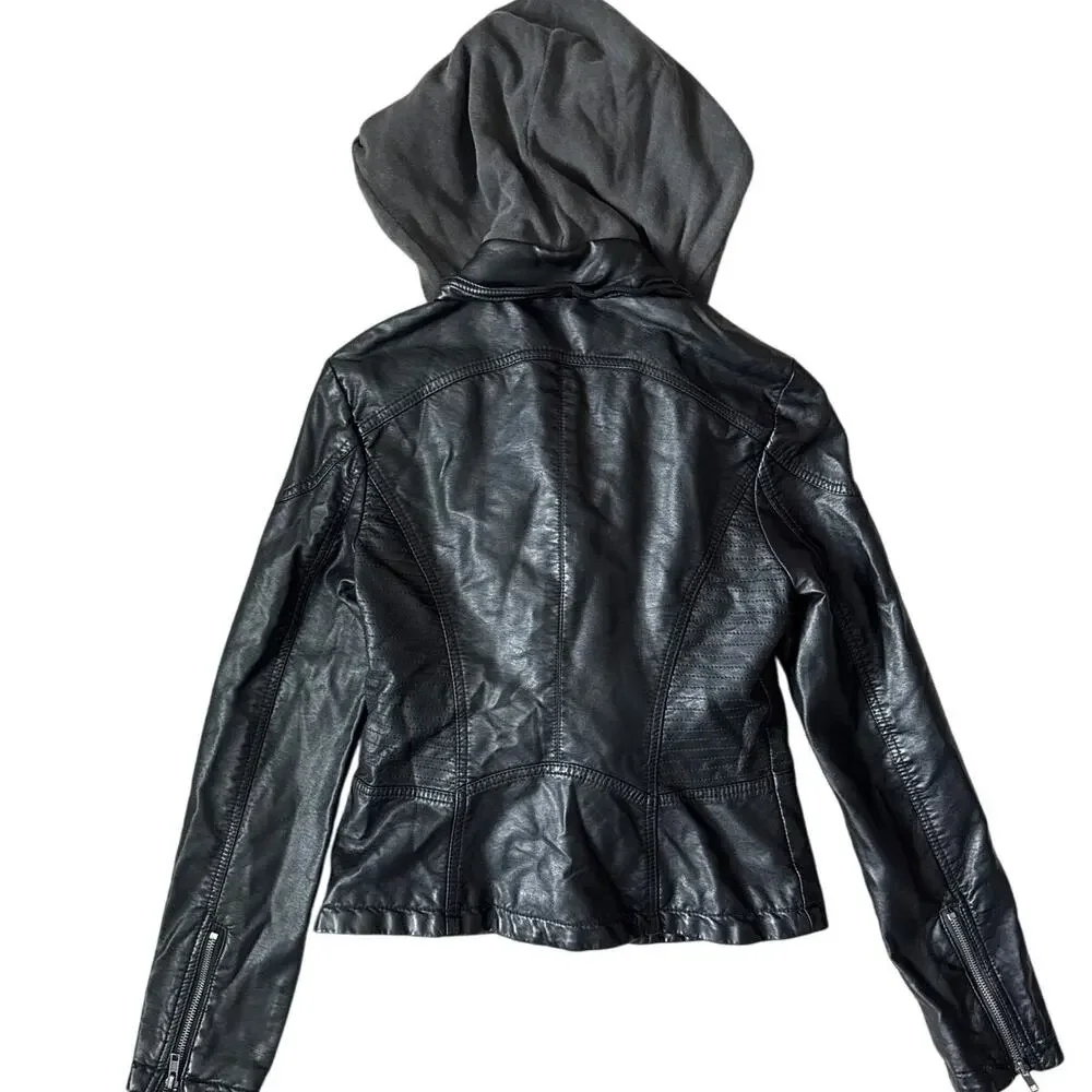 Free People Cleo Vegan Leather Moto Hooded Jacket‎ Black Size 8